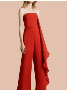 Halston Red Strapless Wide Leg Jumpsuit with Draped Ruffle